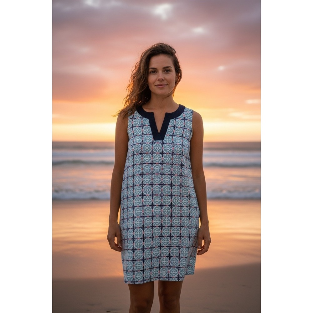 Talbots Petites Blue Medallion Linen Cotton Shift Dress 4P VN4889